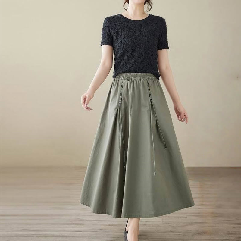 Buddha Stones Summer Casual Pure Color Pleated Design Women's Cotton Skirt - image 7