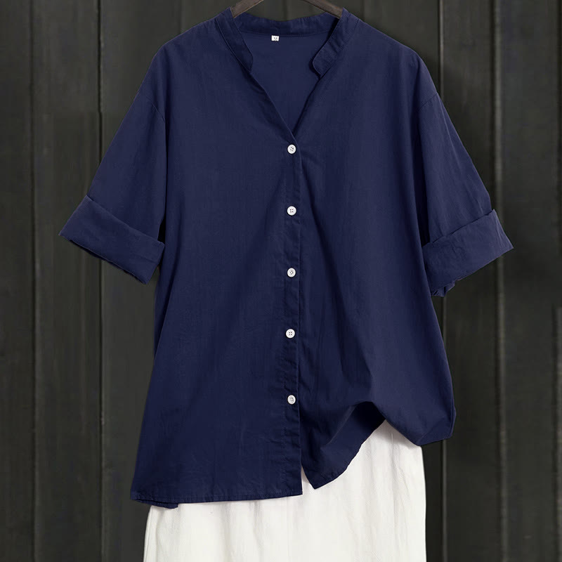 Buddha Stones Summer Casual Plain Breasted Notched Collar Short Sleeve Women's Cotton Linen Shirt - Navy - US20，UK/AU24，EU52 (5XL) - image 0