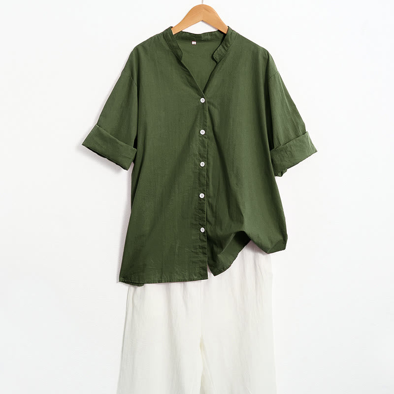 Buddha Stones Summer Casual Plain Breasted Notched Collar Short Sleeve Women's Cotton Linen Shirt - image 23