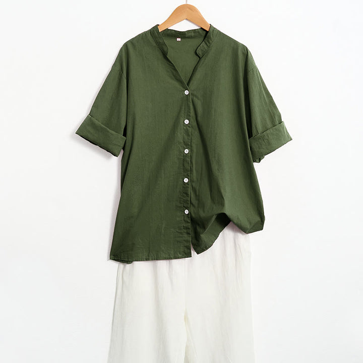 Buddha Stones Summer Casual Plain Breasted Notched Collar Short Sleeve Women's Cotton Linen Shirt - image 23