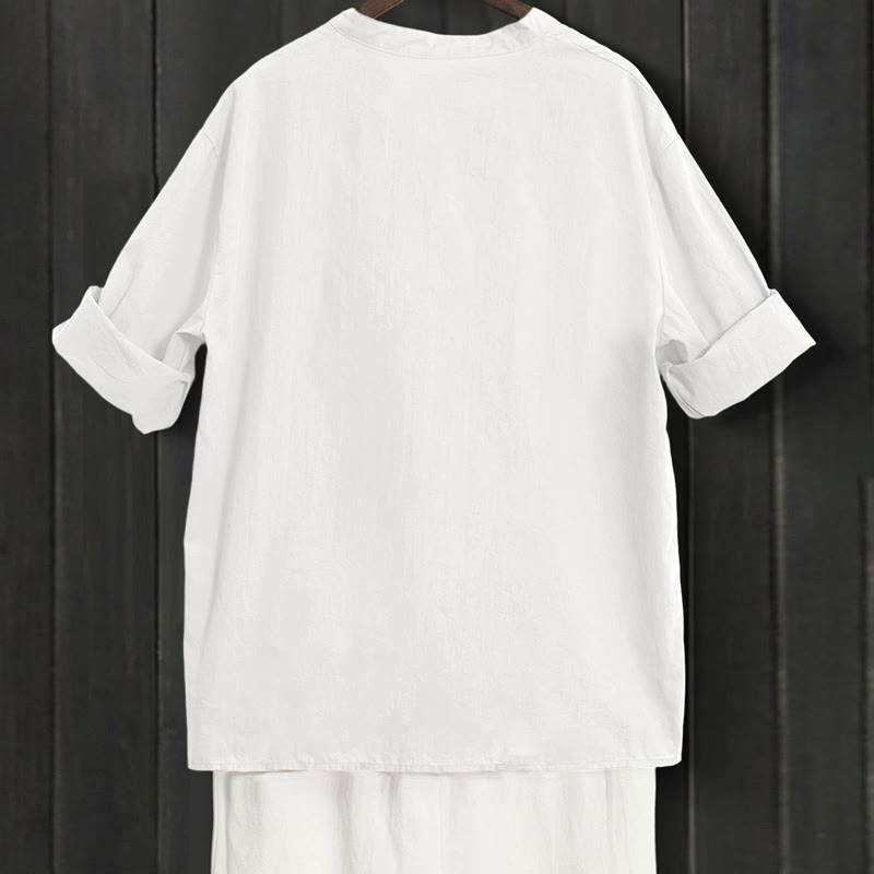 Buddha Stones Summer Casual Plain Breasted Notched Collar Short Sleeve Women's Cotton Linen Shirt - image 31