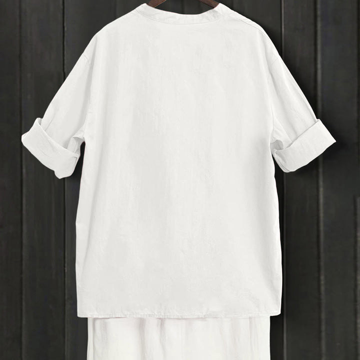 Buddha Stones Summer Casual Plain Breasted Notched Collar Short Sleeve Women's Cotton Linen Shirt - image 31