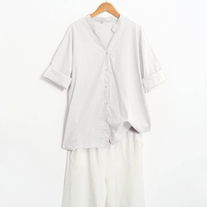 Buddha Stones Summer Casual Plain Breasted Notched Collar Short Sleeve Women's Cotton Linen Shirt - image 35