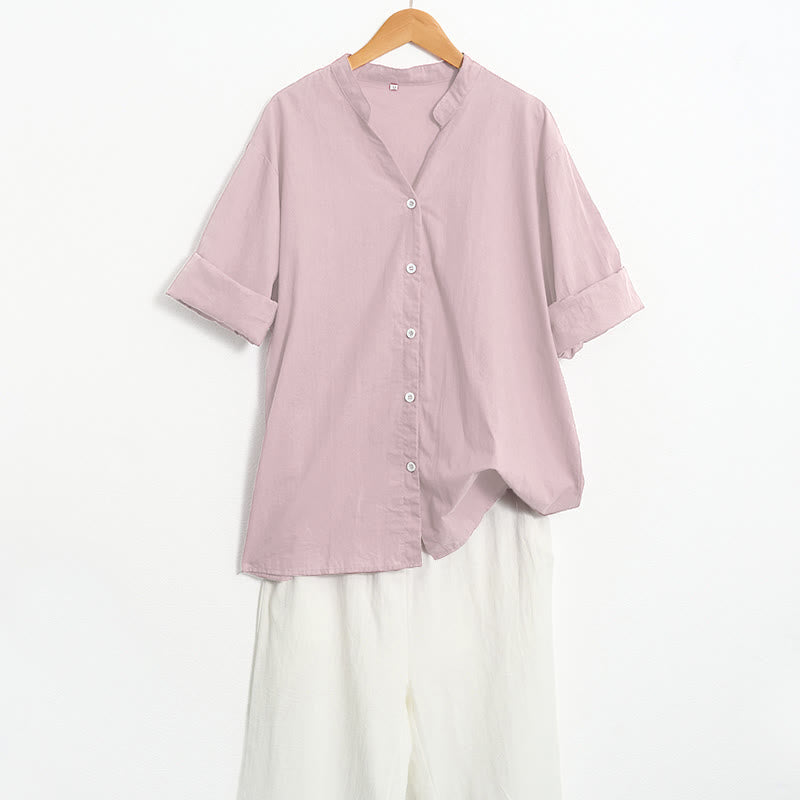 Buddha Stones Summer Casual Plain Breasted Notched Collar Short Sleeve Women's Cotton Linen Shirt - image 41