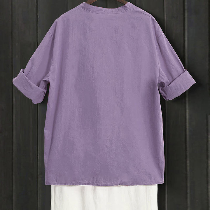Buddha Stones Summer Casual Plain Breasted Notched Collar Short Sleeve Women's Cotton Linen Shirt - image 43