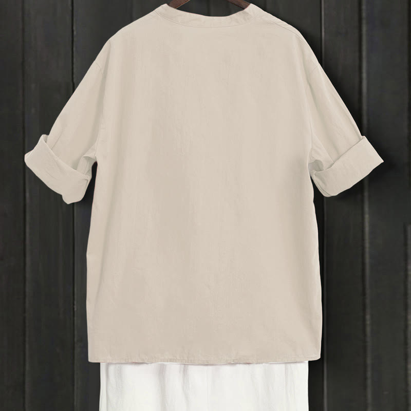 Buddha Stones Summer Casual Plain Breasted Notched Collar Short Sleeve Women's Cotton Linen Shirt - image 49