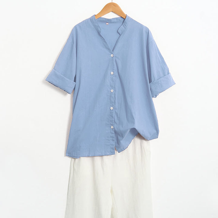 Buddha Stones Summer Casual Plain Breasted Notched Collar Short Sleeve Women's Cotton Linen Shirt - image 65