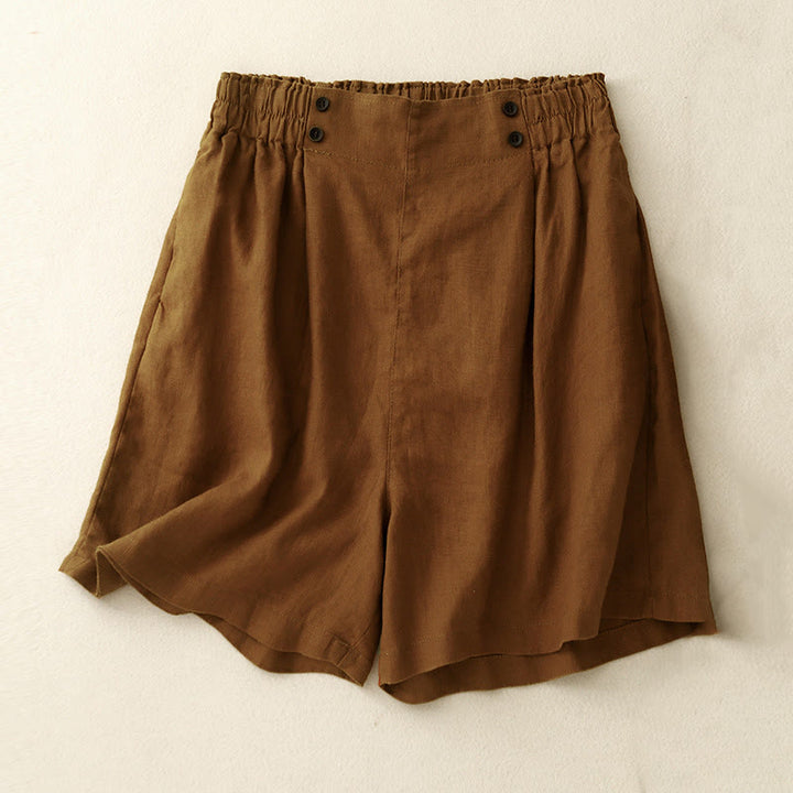 Buddha Stones Summer Casual Pleat Plain Cotton Linen Women's Shorts With Pockets - Chocolate - US12，UK/AU16，EU44 (2XL) - image 0