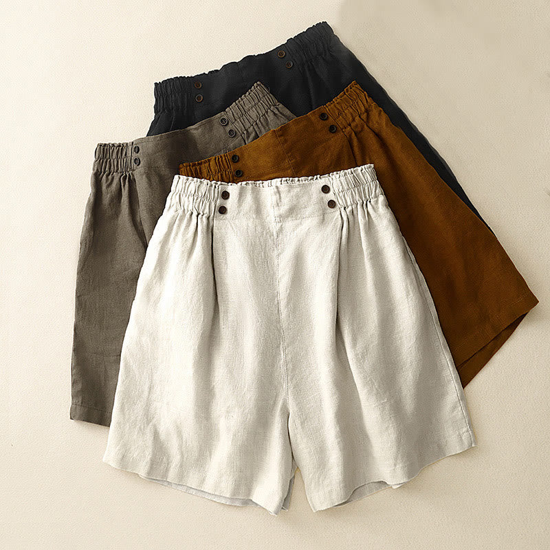 Buddha Stones Summer Casual Pleat Plain Cotton Linen Women's Shorts With Pockets - image 29