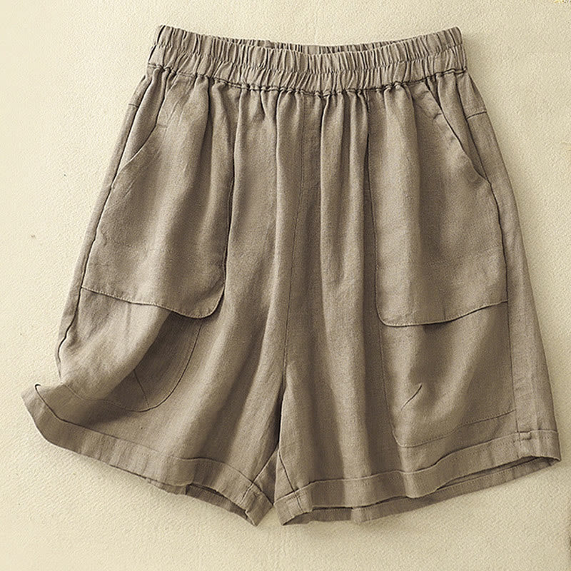 Buddha Stones Summer Casual Plain Cotton Linen Women's Elasti Straight Shorts With Pockets - Tan - US12，UK/AU16，EU44 (2XL) - image 0