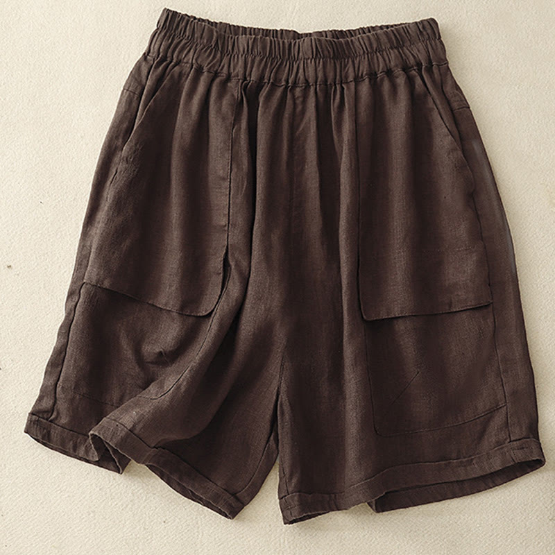 Buddha Stones Summer Casual Plain Cotton Linen Women's Elasti Straight Shorts With Pockets - SaddleBrown - US12，UK/AU16，EU44 (2XL) - image 6