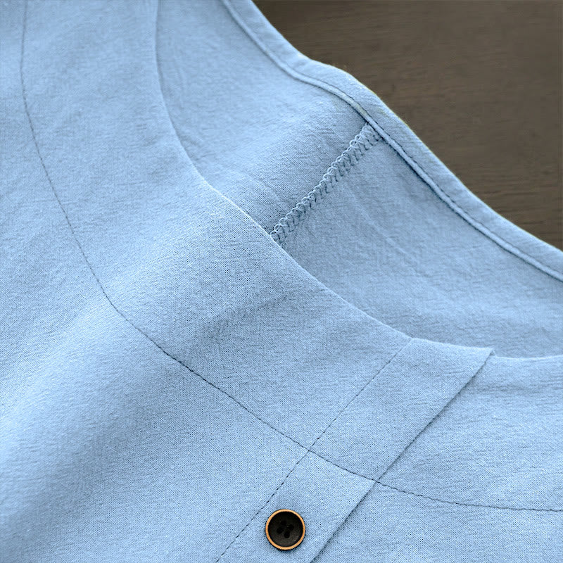 Buddha Stones Casual Summer Pure Color Jacquard Button Crew Neck Cotton Women's Short Sleeve T-Shirt - image 17