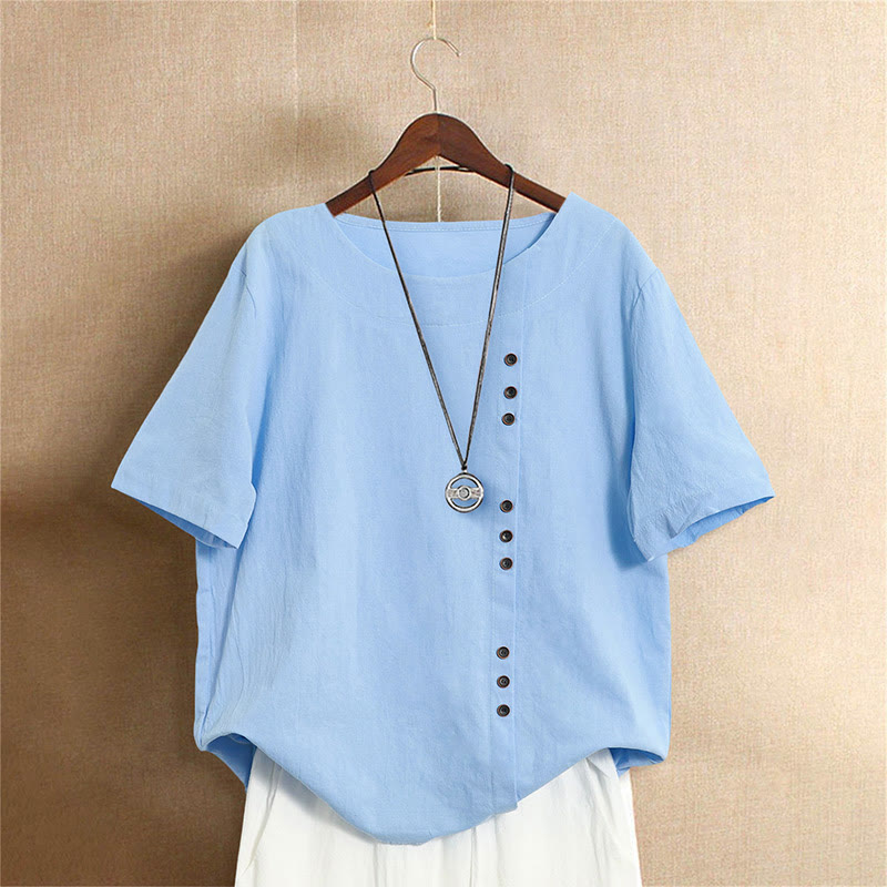 Buddha Stones Casual Summer Pure Color Jacquard Button Crew Neck Cotton Women's Short Sleeve T-Shirt - LightSkyBlue - US18，UK/AU22，EU50 (5XL) - image 15