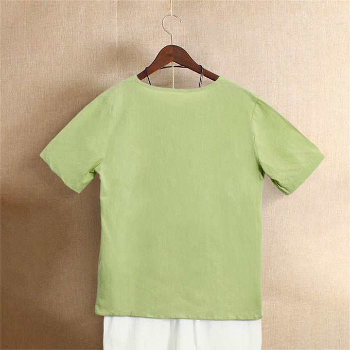 Buddha Stones Casual Summer Pure Color Jacquard Button Crew Neck Cotton Women's Short Sleeve T-Shirt - image 21