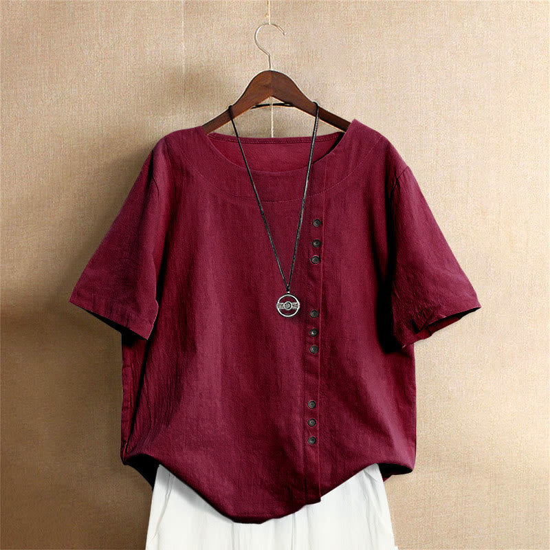 Buddha Stones Casual Summer Pure Color Jacquard Button Crew Neck Cotton Women's Short Sleeve T-Shirt - FireBrick - US18，UK/AU22，EU50 (5XL) - image 30