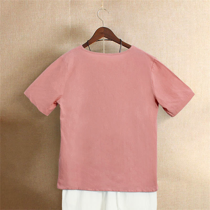 Buddha Stones Casual Summer Pure Color Jacquard Button Crew Neck Cotton Women's Short Sleeve T-Shirt - image 36