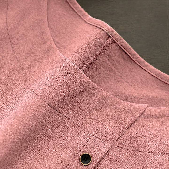 Buddha Stones Casual Summer Pure Color Jacquard Button Crew Neck Cotton Women's Short Sleeve T-Shirt - image 37