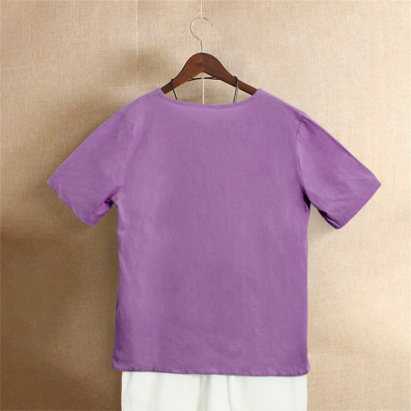 Buddha Stones Casual Summer Pure Color Jacquard Button Crew Neck Women's Short Sleeve T-Shirt - image 41