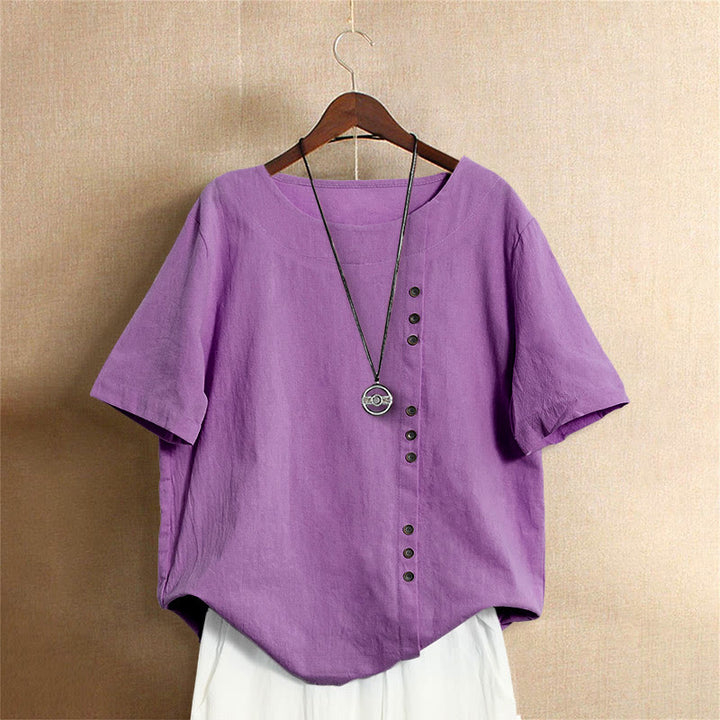 Buddha Stones Casual Summer Pure Color Jacquard Button Crew Neck Cotton Women's Short Sleeve T-Shirt - MediumOrchid - US18，UK/AU22，EU50 (5XL) - image 40