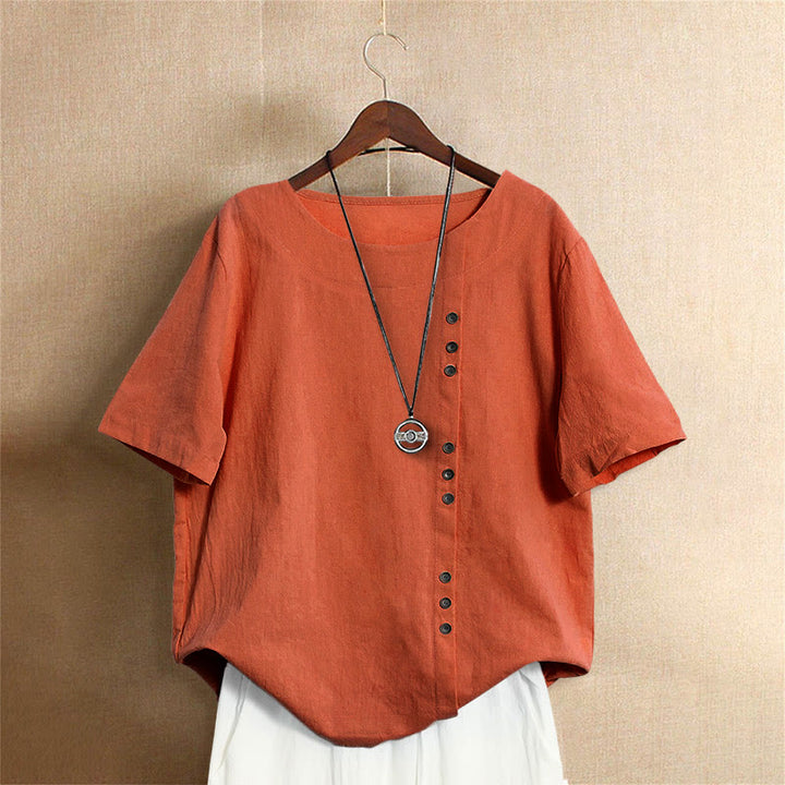 Buddha Stones Casual Summer Pure Color Jacquard Button Crew Neck Cotton Women's Short Sleeve T-Shirt - OrangeRed - US18，UK/AU22，EU50 (5XL) - image 45