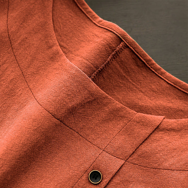 Buddha Stones Casual Summer Pure Color Jacquard Button Crew Neck Cotton Women's Short Sleeve T-Shirt - image 47