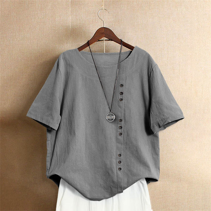 Buddha Stones Casual Summer Pure Color Jacquard Button Crew Neck Cotton Women's Short Sleeve T-Shirt - Gray - US18，UK/AU22，EU50 (5XL) - image 55