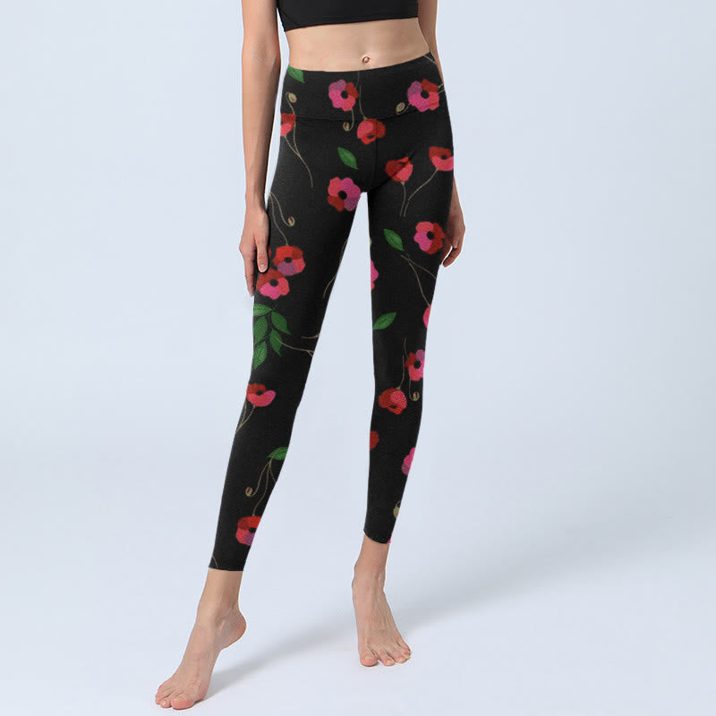 Buddha Stones Vibrant Red Flowers Green Leaves Print Gym Leggings Women's Yoga Pants - image 5