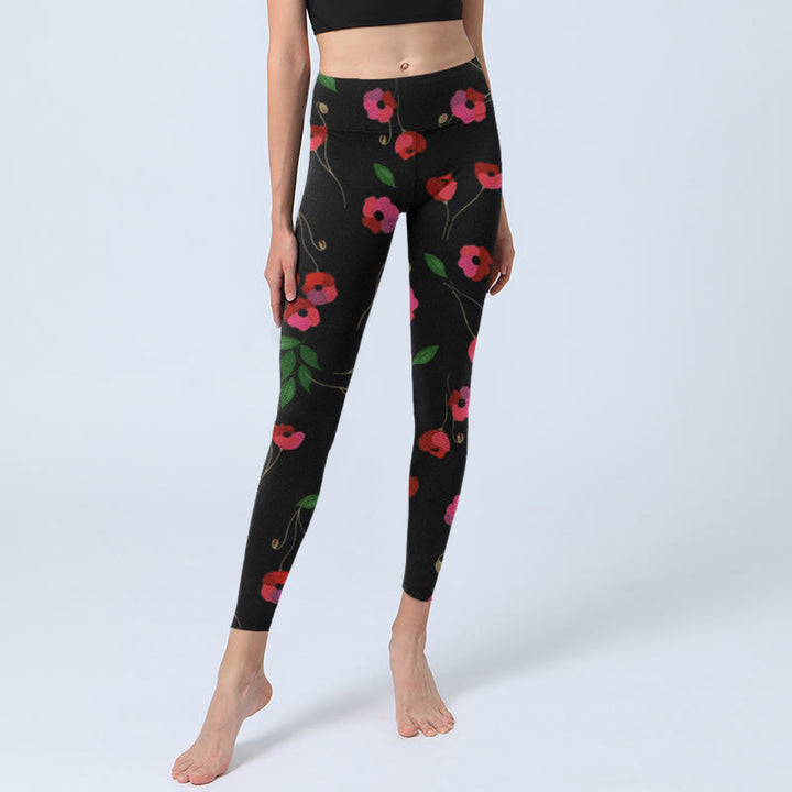 Buddha Stones Vibrant Red Flowers Green Leaves Print Gym Leggings Women's Yoga Pants - image 5