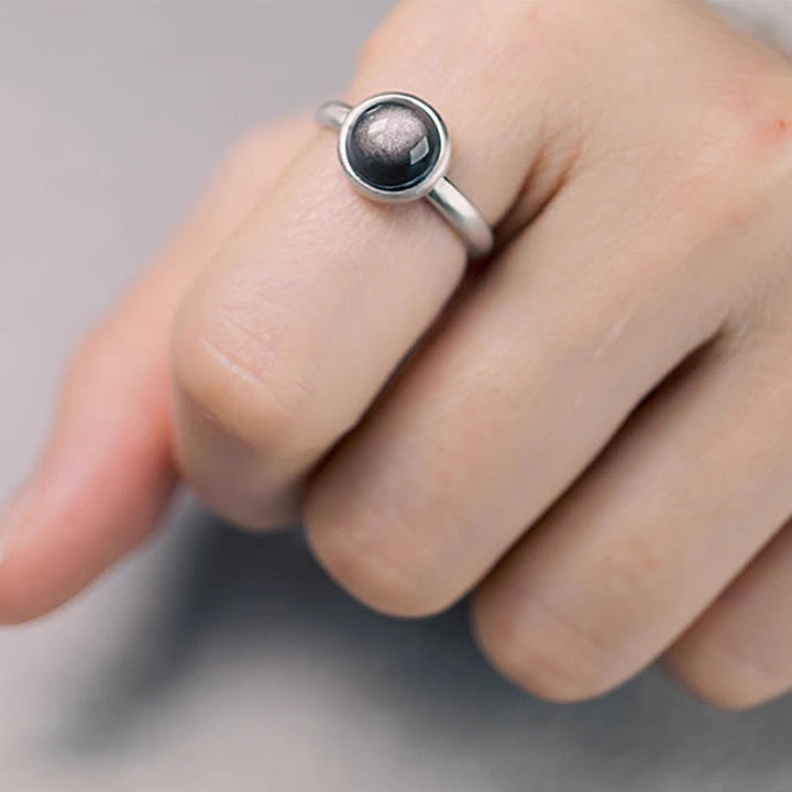 Buddha Stones Natural 925 Sterling Silver Silver Sheen Obsidian Adjustable Protection Ring - C Style(About 10*10mm) - image 9