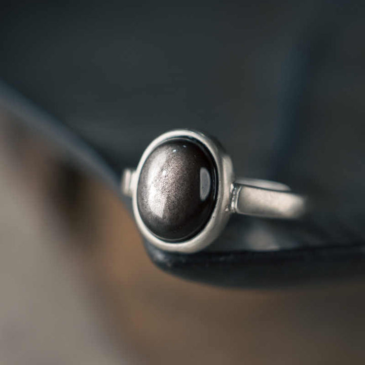Buddha Stones Natural 925 Sterling Silver Silver Sheen Obsidian Adjustable Protection Ring - B Style( About 10*12mm) - image 0