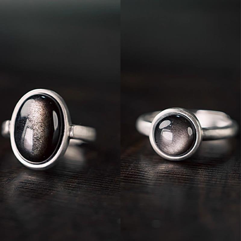 Buddha Stones Natural 925 Sterling Silver Silver Sheen Obsidian Adjustable Protection Ring - image 13