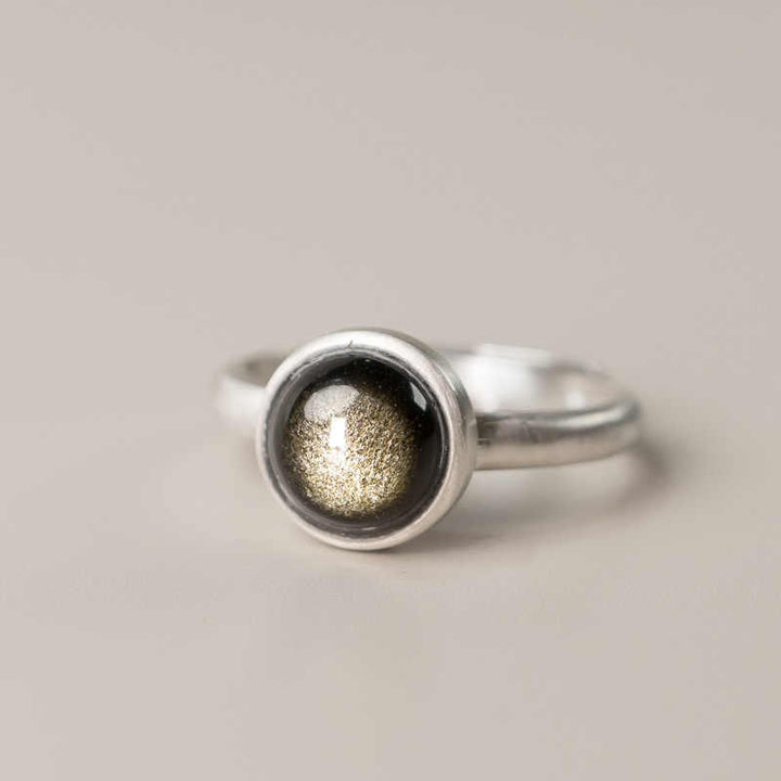 Buddha Stones Natural 925 Sterling Silver Gold Sheen Obsidian Adjustable Wealth Ring