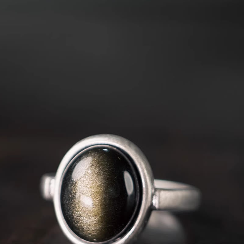 Buddha Stones Natural 925 Sterling Silver Gold Sheen Obsidian Adjustable Wealth Ring - image 2
