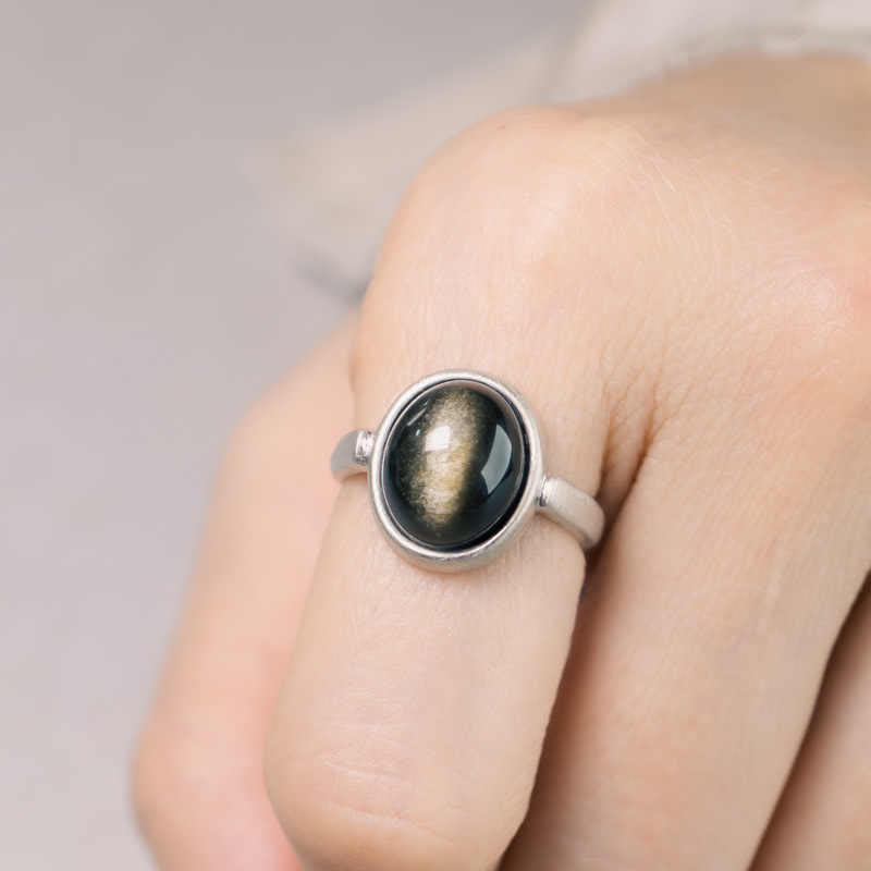 Buddha Stones Natural 925 Sterling Silver Gold Sheen Obsidian Adjustable Wealth Ring - image 1