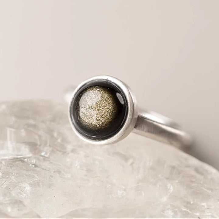Buddha Stones Natural 925 Sterling Silver Gold Sheen Obsidian Adjustable Wealth Ring