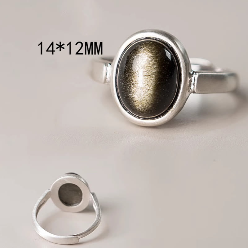 Buddha Stones Natural 925 Sterling Silver Gold Sheen Obsidian Adjustable Wealth Ring