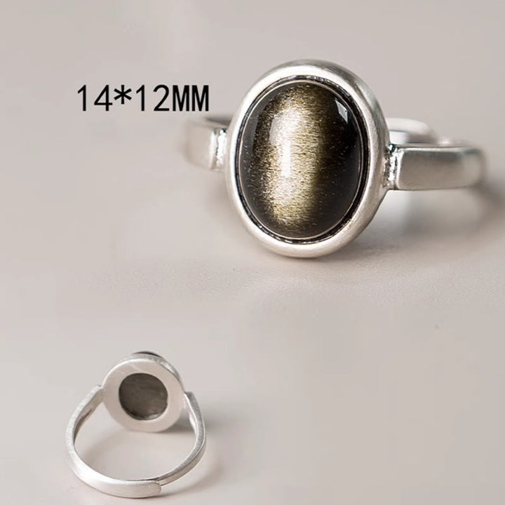 Buddha Stones Natural 925 Sterling Silver Gold Sheen Obsidian Adjustable Wealth Ring