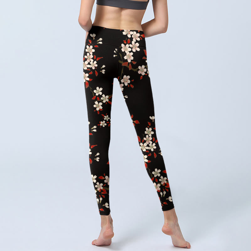 Buddha Stones White Cherry Blossoms Red Leaves Print Gym Leggings Women's Yoga Pants - image 6