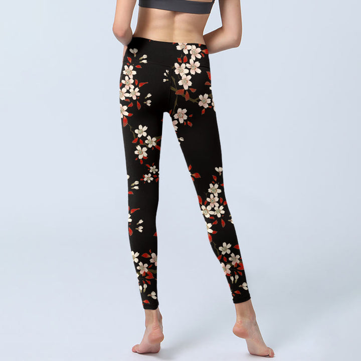 Buddha Stones White Cherry Blossoms Red Leaves Print Gym Leggings Women's Yoga Pants - image 6