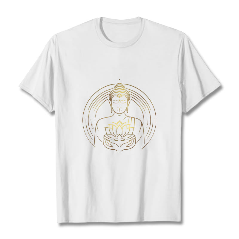 Buddha Stones Golden Buddha Holding A Lotus Flower Tee T-shirt - White - 2XL - image 1