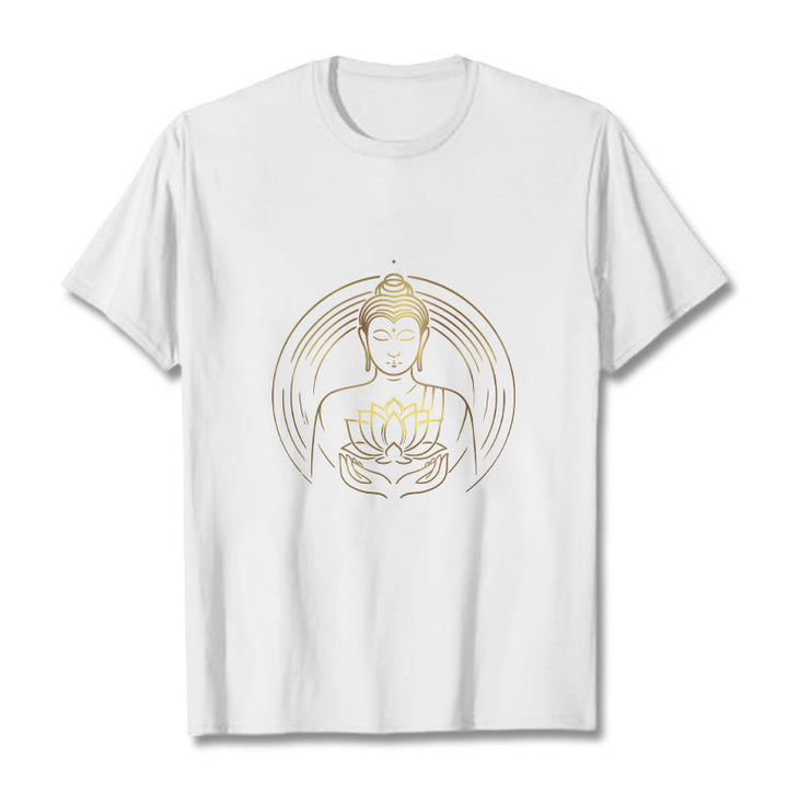 Buddha Stones Golden Buddha Holding A Lotus Flower Tee T-shirt - White - 2XL - image 1