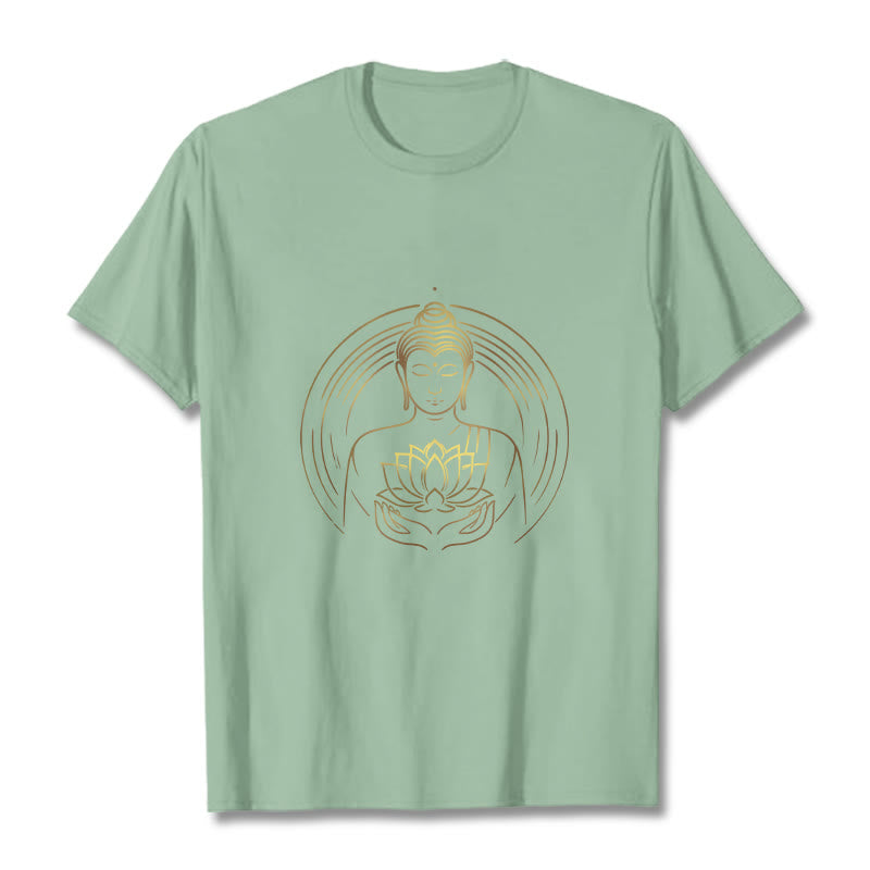 Buddha Stones Golden Buddha Holding A Lotus Flower Tee T-shirt - PaleGreen - 2XL - image 15