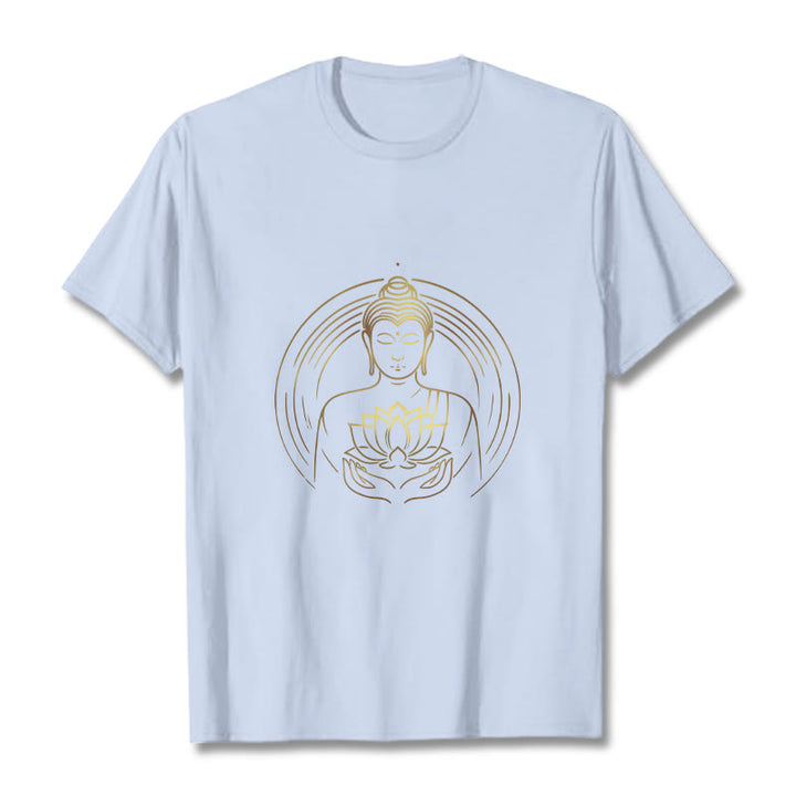 Buddha Stones Golden Buddha Holding A Lotus Flower Tee T-shirt - LightCyan - 2XL - image 19