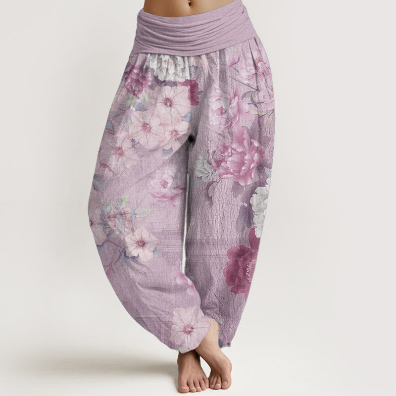 Buddha Stones Pure Cotton Casual Peony Flower Women's Elastic Waist Harem Pants