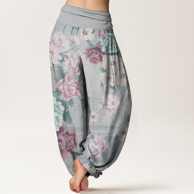Buddha Stones Pure Cotton Casual Peony Flower Women's Elastic Waist Harem Pants