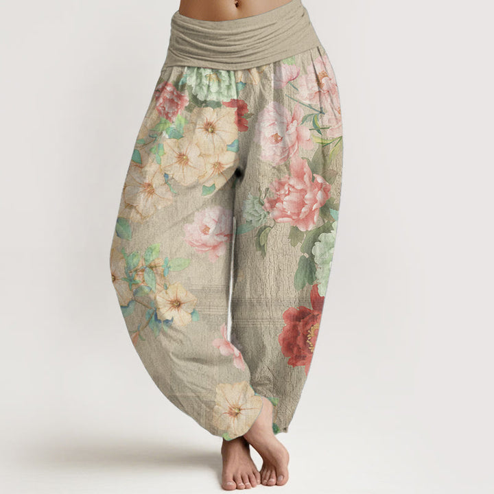 Buddha Stones Pure Cotton Casual Peony Flower Women's Elastic Waist Harem Pants - PaleGoldenrod - US22，UK/AU26，EU54 (6XL) - image 8