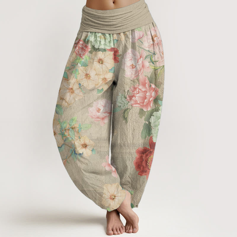 Buddha Stones Pure Cotton Casual Peony Flower Women's Elastic Waist Harem Pants