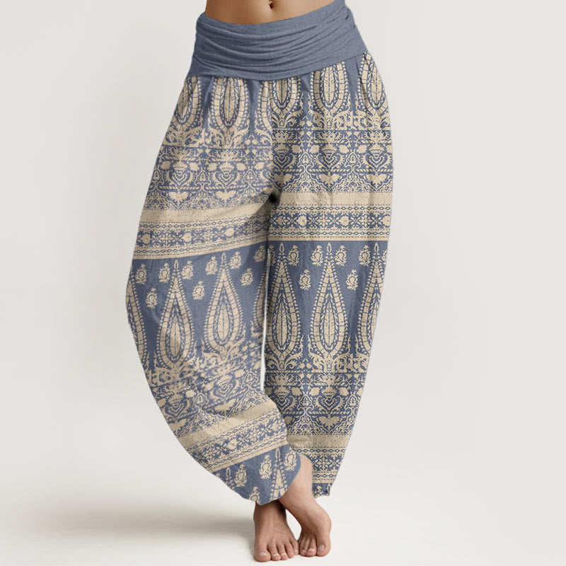 Buddha Stones Pure Cotton Casual Feather Stripes Design Women's Elastic Waist Harem Pants
