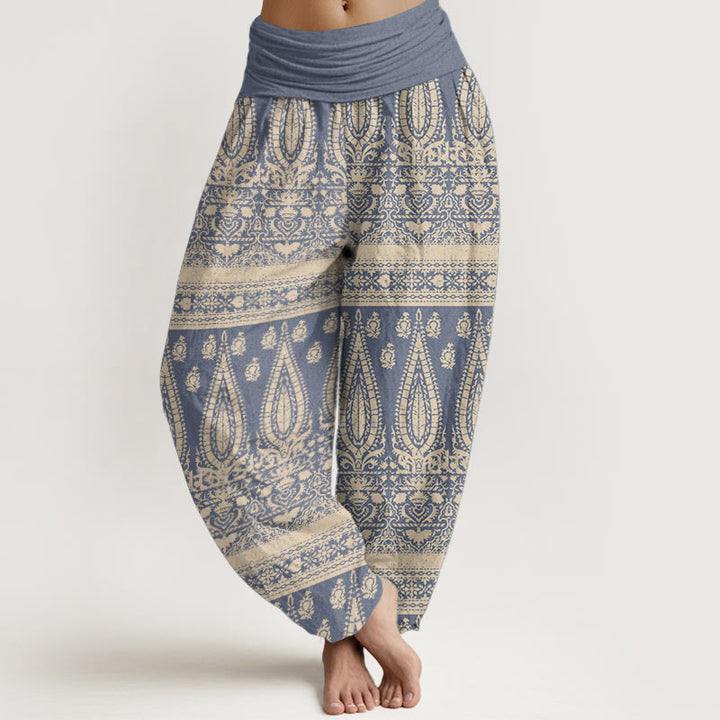 Buddha Stones Pure Cotton Casual Feather Stripes Design Women's Elastic Waist Harem Pants
