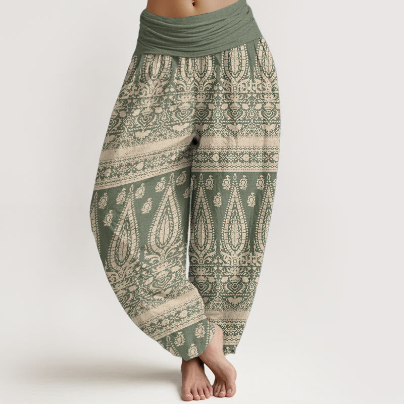 Buddha Stones Pure Cotton Casual Feather Stripes Design Women's Elastic Waist Harem Pants